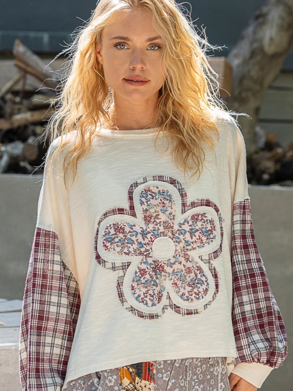 POL Cream patchwork Pullover with Floral Applique and Maroon Plaid Sleeves small